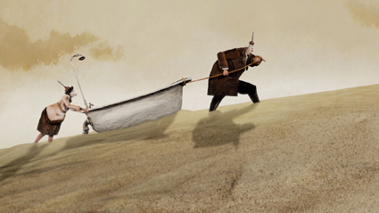 Filmstill aus Film Hollow Land Mann und Frau schieben Badewanne durch Wüste